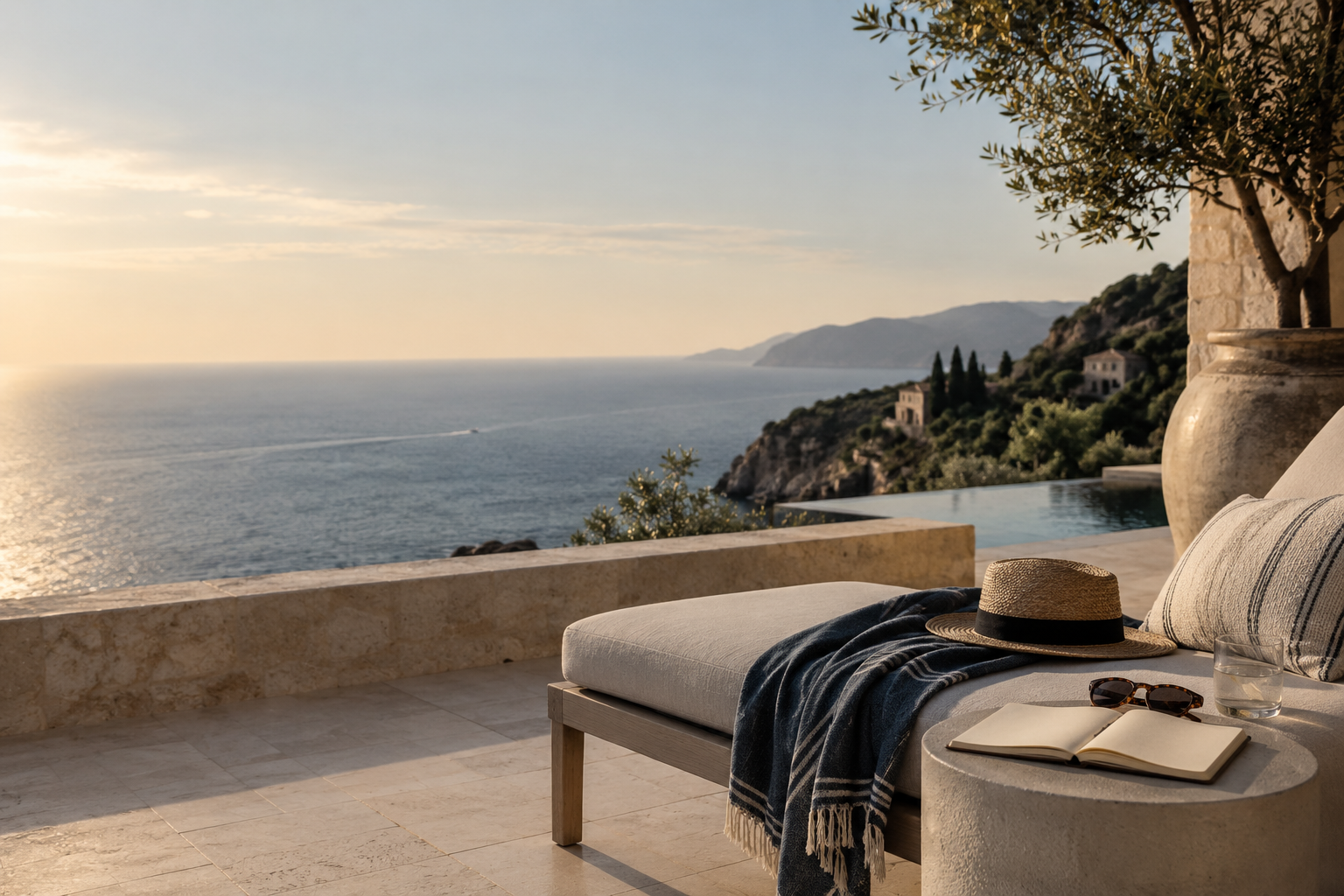 A serene coastal terrace overlooking the sea at golden hour
